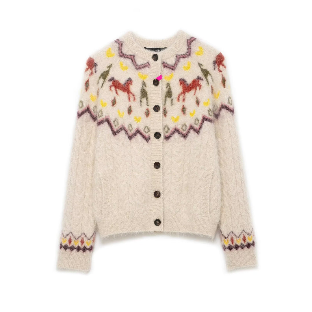 Damen 10+ gemusterte Mohair‑Cardigan mit Norweger‑Motiv, Zopfmuster und Knopfleiste Echo Archiv