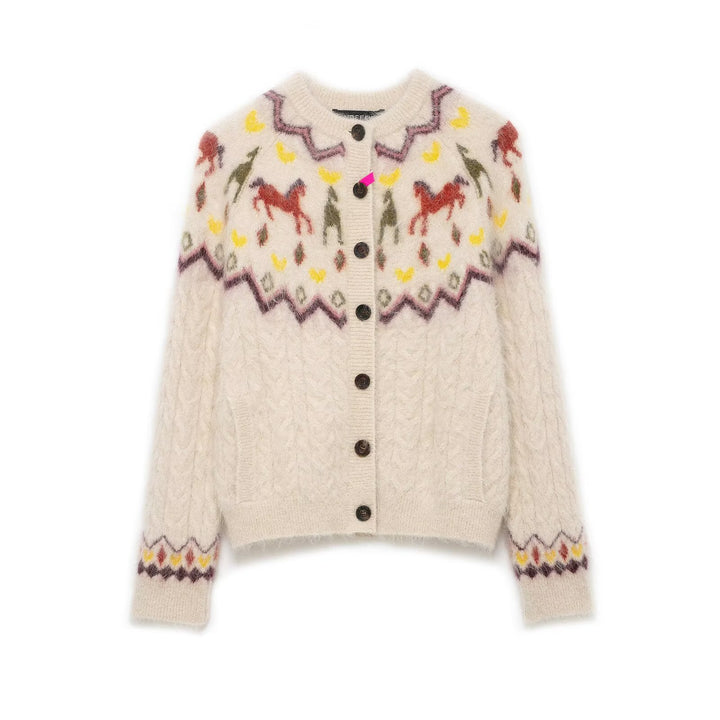 Damen 10+ gemusterte Mohair‑Cardigan mit Norweger‑Motiv, Zopfmuster und Knopfleiste Echo Archiv