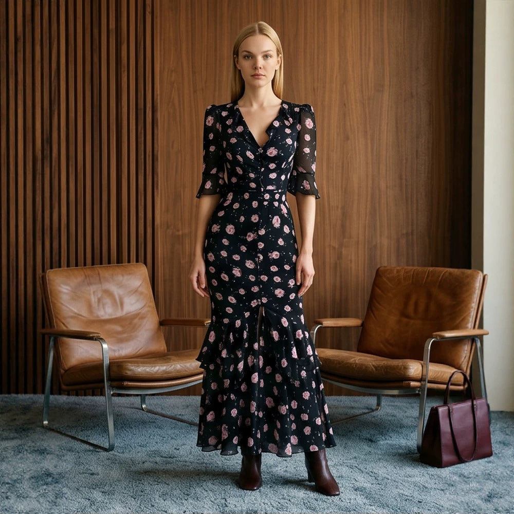 Damen Tailliertes Chiffon-Midikleid mit V-Ausschnitt, dreiviertel Ärmeln und Stufenvolant Echoarchiv
