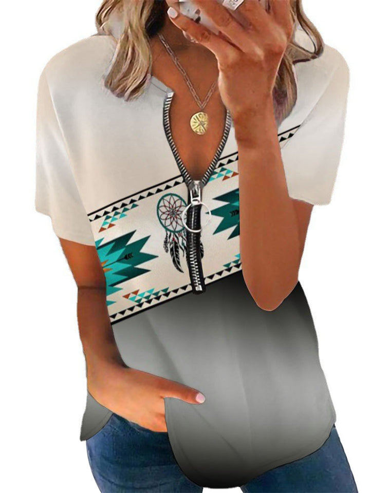 Damen T-Shirt mit Reißverschluss und Musterdetails Echo Archiv