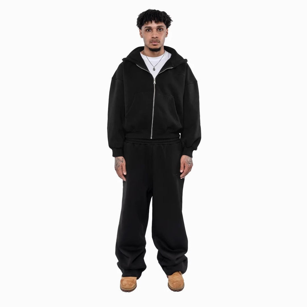 Herren lässiges Reißverschluss-Hoodie- und Palazzohose-Set mit dropped-shoulder Silhouette – Cavarno