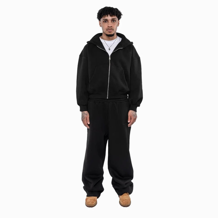 Herren lässiges Reißverschluss-Hoodie- und Palazzohose-Set mit dropped-shoulder Silhouette – Cavarno