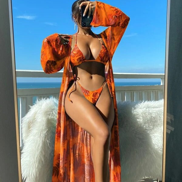 Damen Bikini-Set mit transparentem Kaftan und floralem Design Echo Archiv