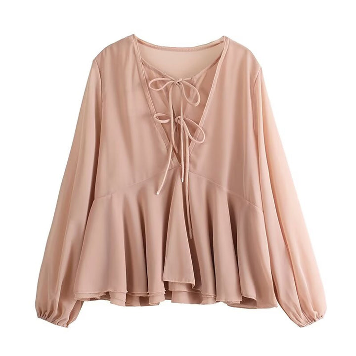 Damen Weiche Chiffonbluse mit Schnürung, V‑Ausschnitt und Volantsaum Echo Archiv