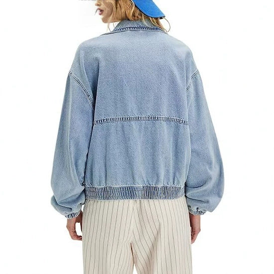 Damen Leichte Cropped-Jeansjacke mit Gummibündchen und Reißverschluss Echoarchiv