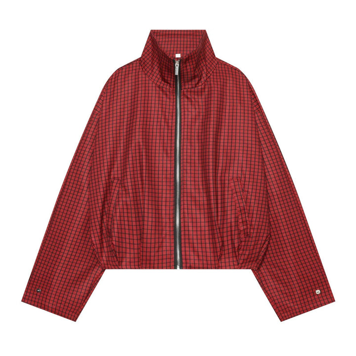 Damen Kariertes Cropped-Bomberjacke mit hohem Stehkragen, elastischem Saum und durchgehendem Reißverschluss Echo Archiv