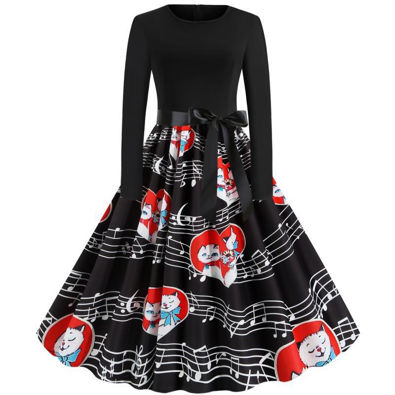 Damen Retro Swing-Kleid im Vintage-Stil mit A-Linie, langärmlig und Taillenschleife – Élara