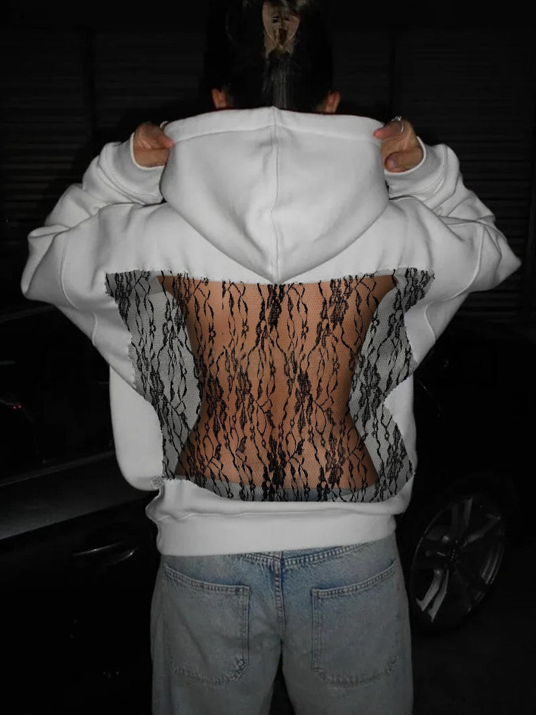 Damen Hoodie mit glitzerndem Mesh-Rückenapplikation – Auréline