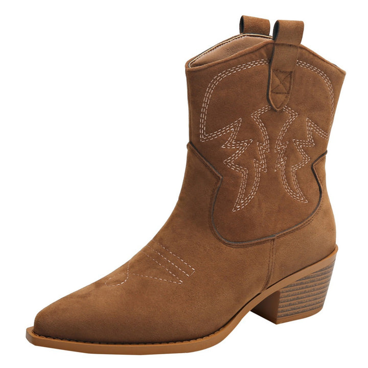 Damen nan Kurzschaft‑Westernboot mit dekorativer Stickerei, eckigem Blockabsatz und weichem Veloursfinish Echo Archiv