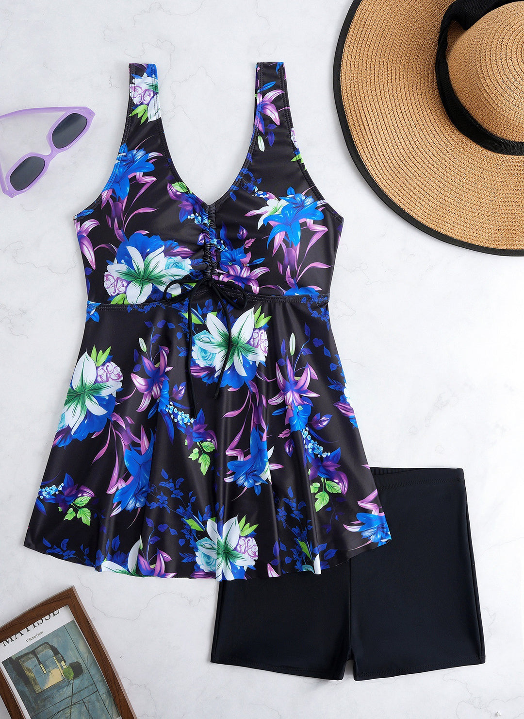 Damen Tankini-Set mit modischem Volant und grafischem Pfauenmuster Echo Archiv