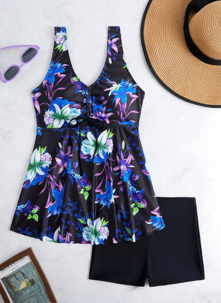 Damen Tankini-Set mit modischem Volant und grafischem Pfauenmuster Echo Archiv
