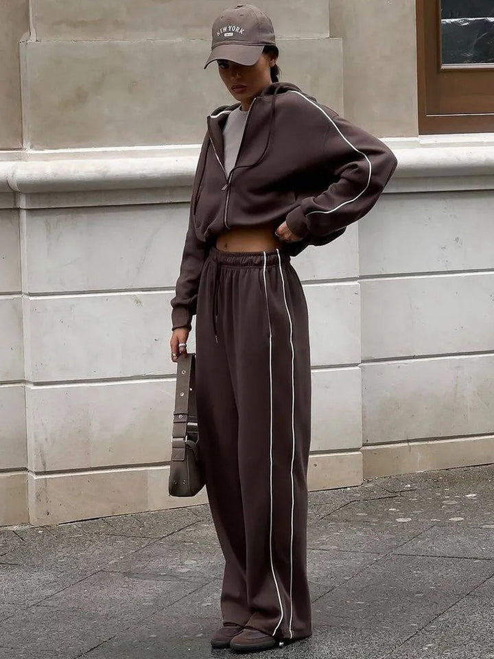 Damen Lässiges Zweiteiliges Sweatset mit Kapuzenjacke und weitem Bundfalten Jogginghose – Élanora