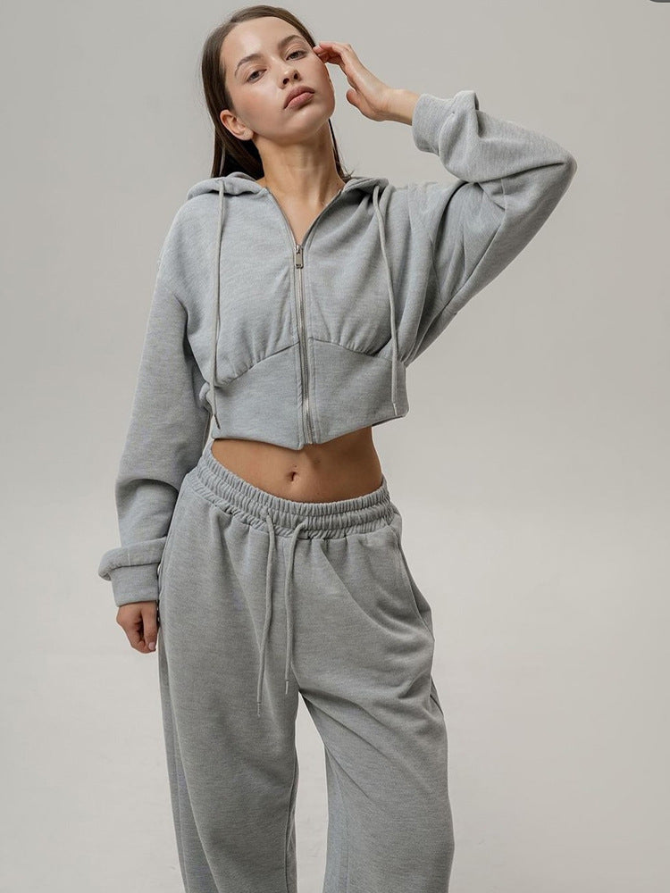 Damen nan zweiteiliges Cropped Hoodie-Set mit weitem Bundhose-Schnitt und tailliertem Reißverschluss Echo Archiv