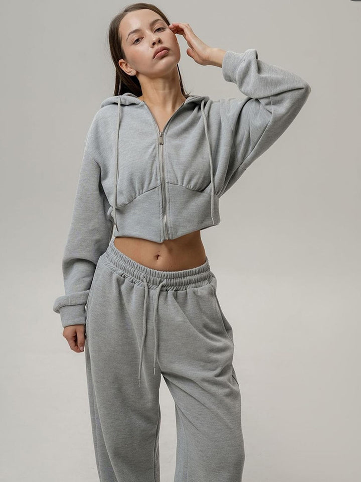 Damen nan zweiteiliges Cropped Hoodie-Set mit weitem Bundhose-Schnitt und tailliertem Reißverschluss Echo Archiv