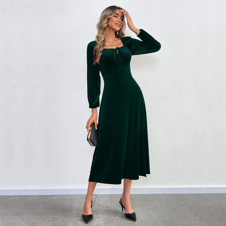 Damen elegantes Samt-Midikleid mit Binddetail am Bustier, taillierter Schnitt und seitlichem Oberschenkelschlitz – Élara