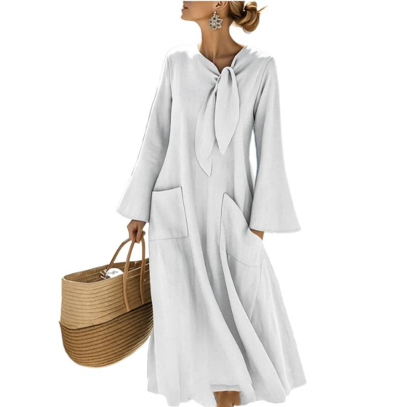 Damen Leichtes Maxikleid mit Bindeschleife, Glockenärmeln und aufgesetzten Taschen – Valéora