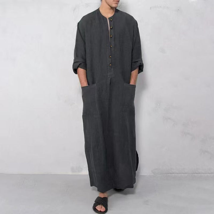 Herren nan weites langes Tunika-Kaftan aus atmungsaktivem Leinen mit Stehkragen Knopfblende und aufgesetzten Taschen Echoarchiv
