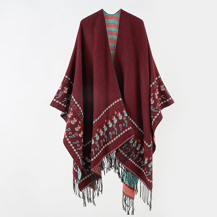 Damen Wollmix-Kimono-Poncho mit Norwegerbordüre und Fransen Echo Archiv