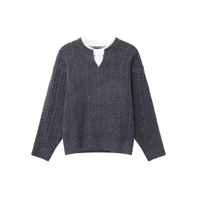 Damen Grobgestrickter Zopfmuster-Pullover mit V‑Ausschnitt und Lagen‑Optik Echoarchiv
