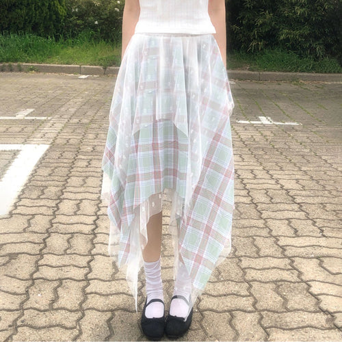 Damen Asymmetrischer Plissee-Rock mit transparentem Chiffonüberwurf und kariertem Design Echo Archiv