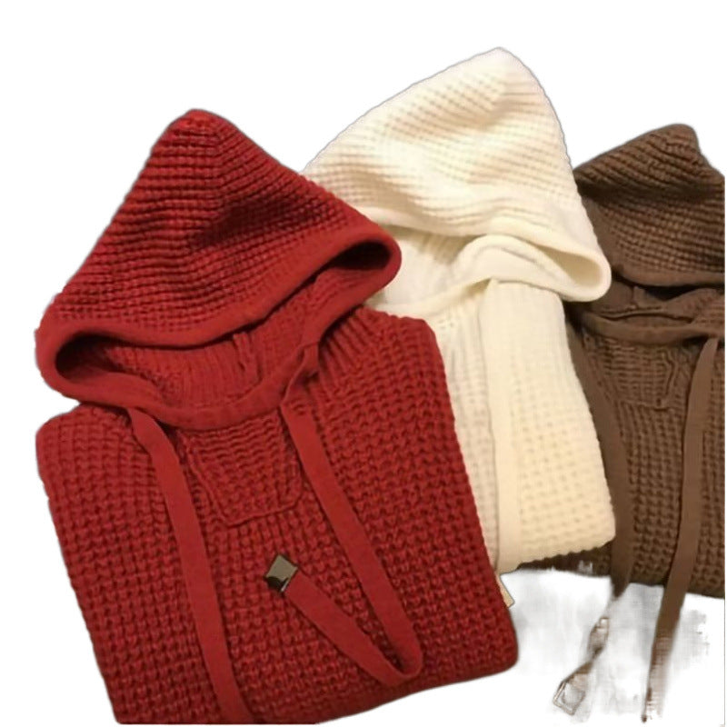 Damen Grobgestrickter Oversize-Kapuzenpullover mit Waffelstruktur und Kordelzug Echoarchiv
