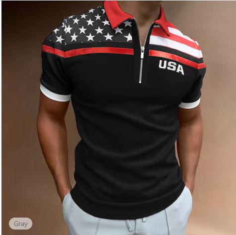 Herren Zip-Up Performance Polo-Shirt mit amerikanischer Flaggen-Applikation Echoarchiv