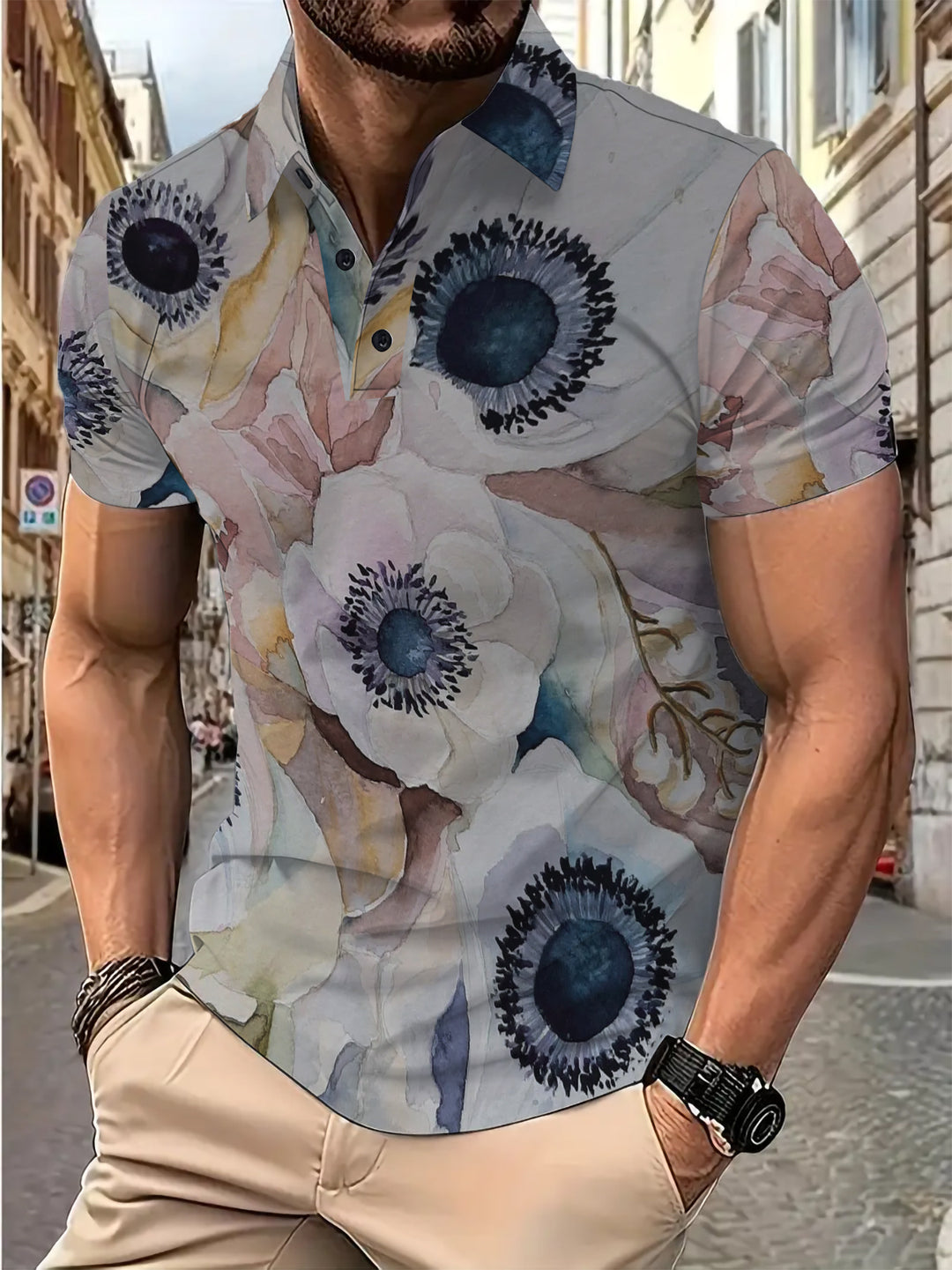 Herren Kurzarm Poloshirt mit floralem Aquarellmuster Echoarchiv