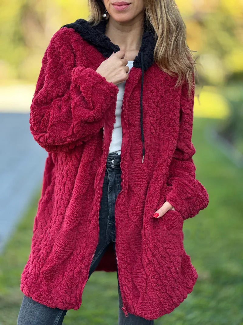 Damen nan oversized Teddy-Manteljacke mit Kontrastkapuze, Reißverschluss und Eingrifftaschen Echo Archiv
