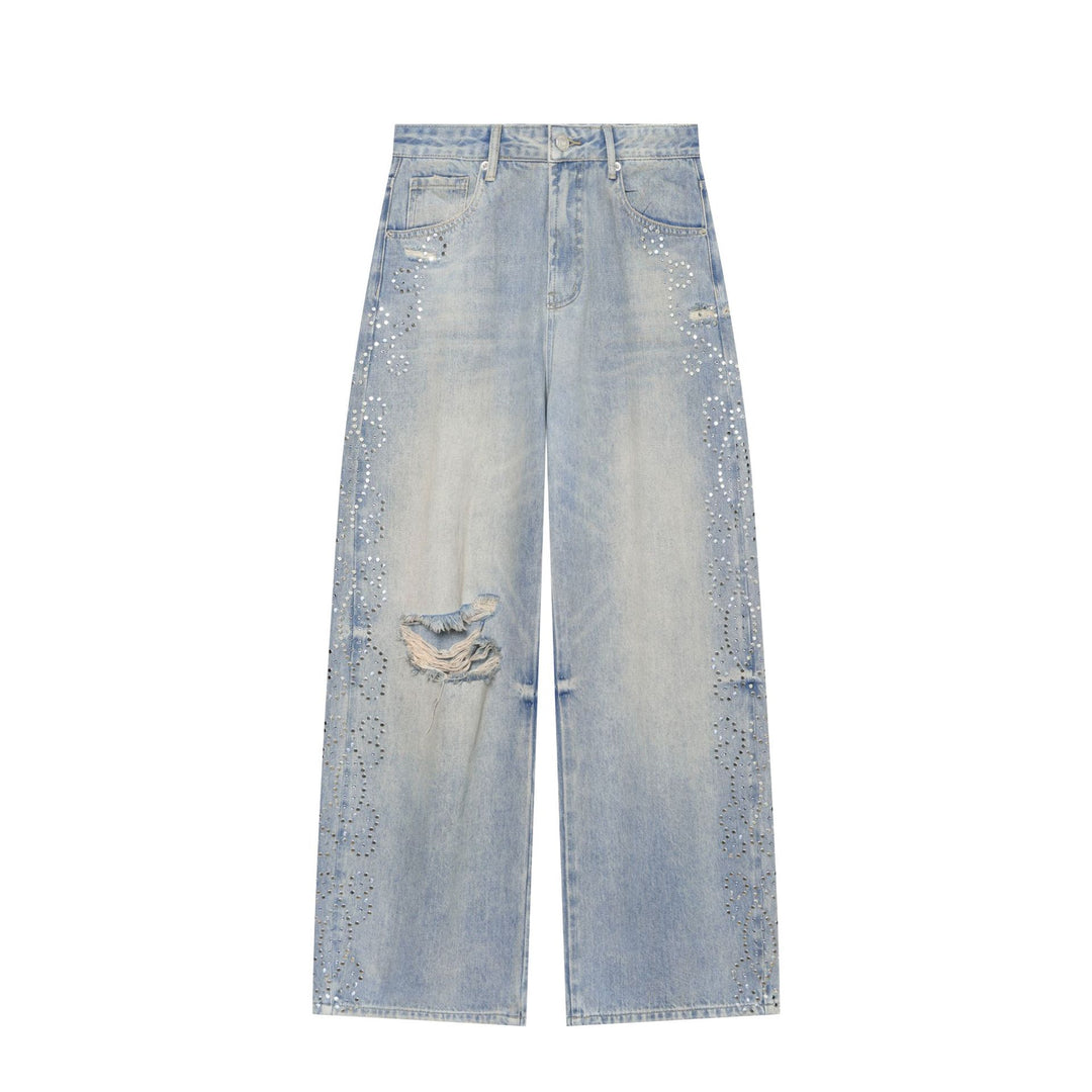 Damen Hochgeschnittene weite Jeans im verwaschenen Look mit Rissen und Nietenapplikation Echo Archiv