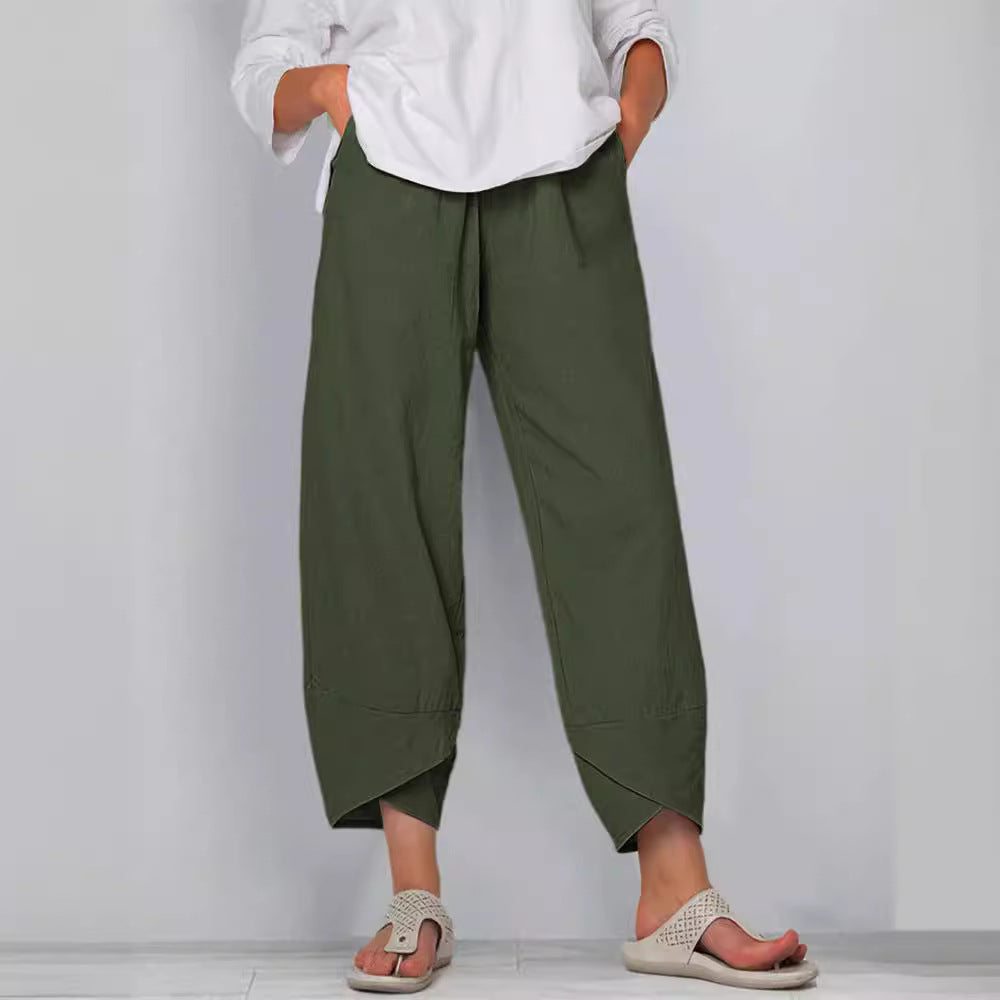 Damen nan weit geschnittene Leinenhose mit Tulpen-Saum und elastischem Bund Echo Archiv