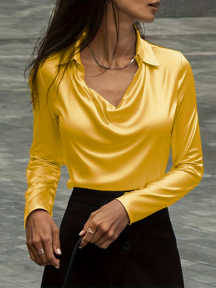 Damen Satinbluse mit Wasserfallkragen und Hemdkragen Echoarchiv