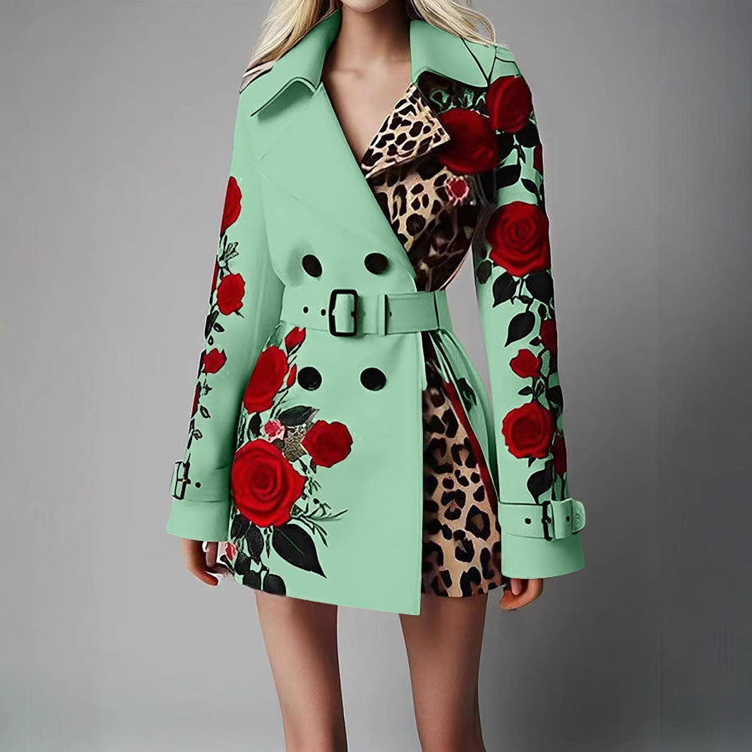 Damen Taillierter Trenchcoat mit Rosenprint und Leoparden-Innenfutter – Montévia
