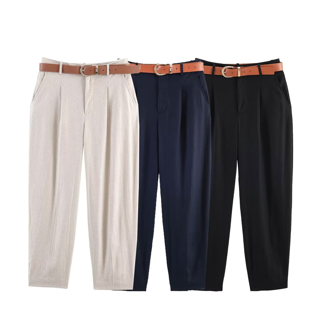 Damen hochwertige, ausgestellte Leinenhose mit modischem Gürtel Echo Archiv