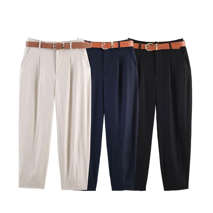 Damen hochwertige, ausgestellte Leinenhose mit modischem Gürtel Echo Archiv