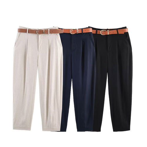 Damen hochwertige, ausgestellte Leinenhose mit modischem Gürtel Echo Archiv