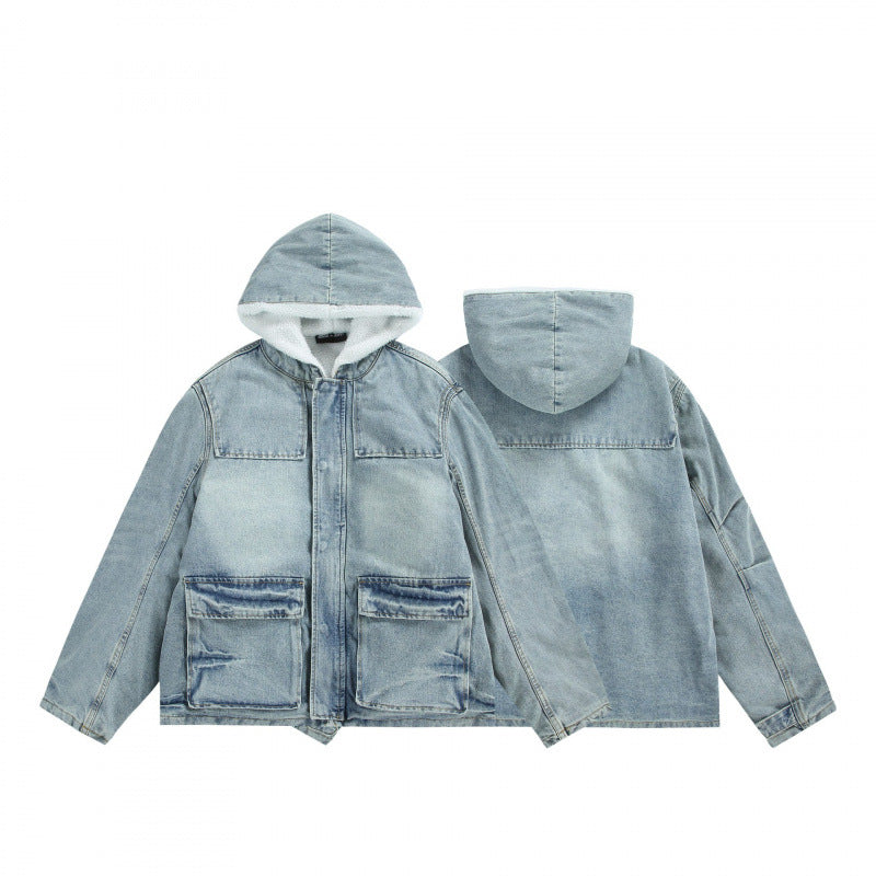 Unisex Kapuzen-Jeansparka im Used‑Look mit Teddyfleece-Futter und aufgesetzten Pattentaschen Echo Archiv