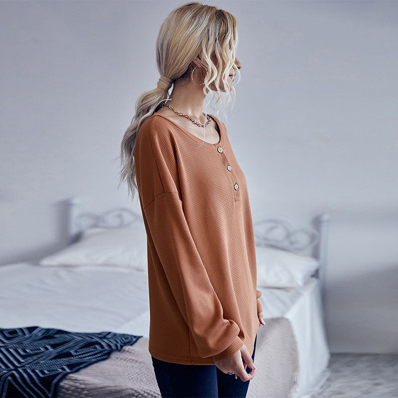Damen Waffelstrick-Pullover mit Henley-Knopfleiste und überschnittener Schulter Echoarchiv