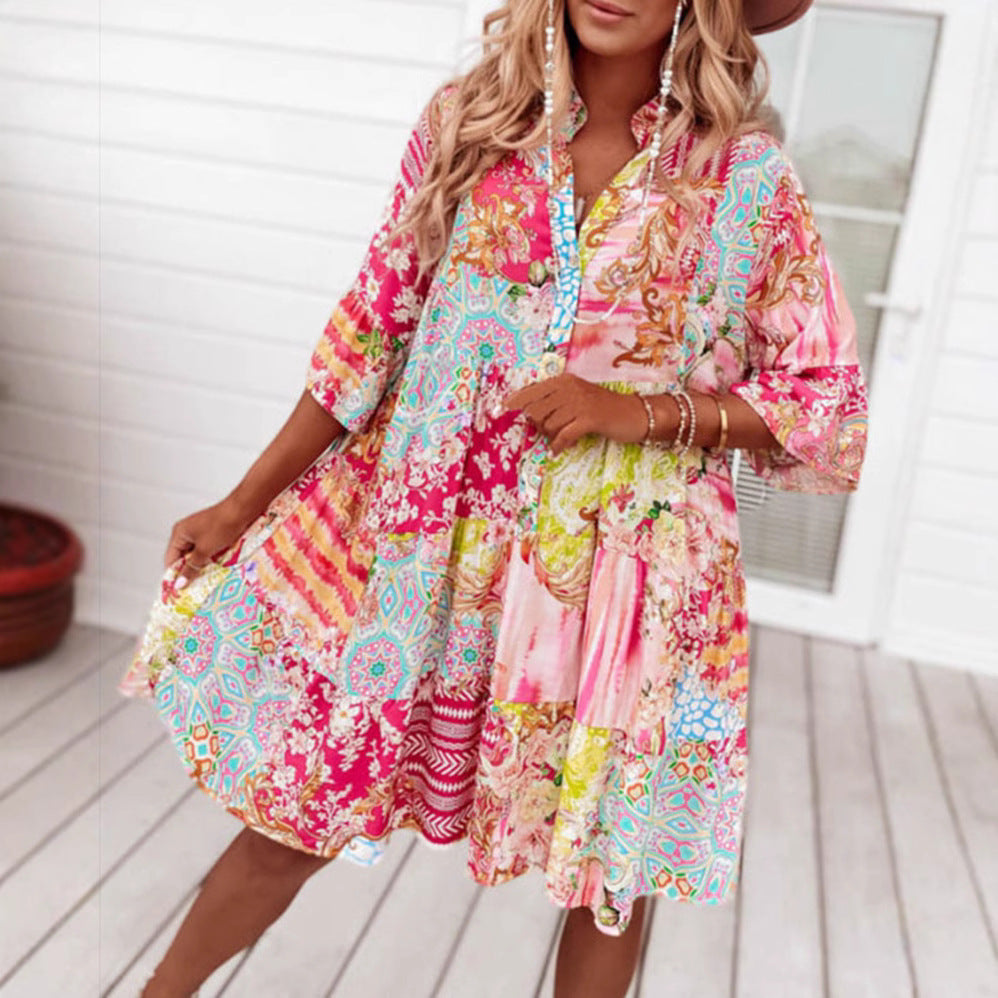 Damen nan Luftiges Stufenkleid im Patchwork-Boho-Stil mit Stehkragen, geraffter Taillennaht und Dreiviertelärmeln Echo Archiv