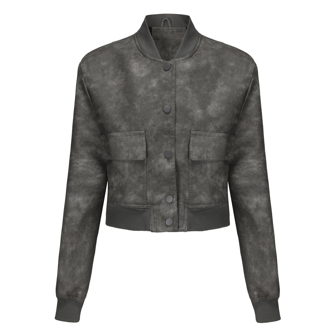 Damen kurze Crop-Kunstlederjacke im Blousonstil mit Druckknopffront und aufgesetzten Pattentaschen – Célinea