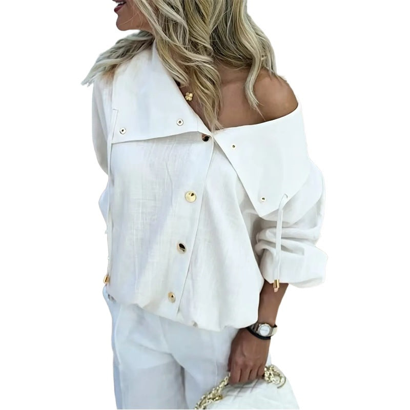 Damen Oversize Off-Shoulder Leinenbluse mit asymmetrischem Kragen und Zierknopfleiste Echo Archiv