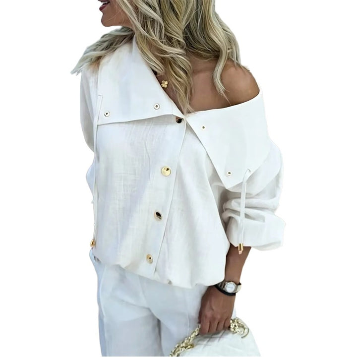 Damen Oversize Off-Shoulder Leinenbluse mit asymmetrischem Kragen und Zierknopfleiste Echo Archiv