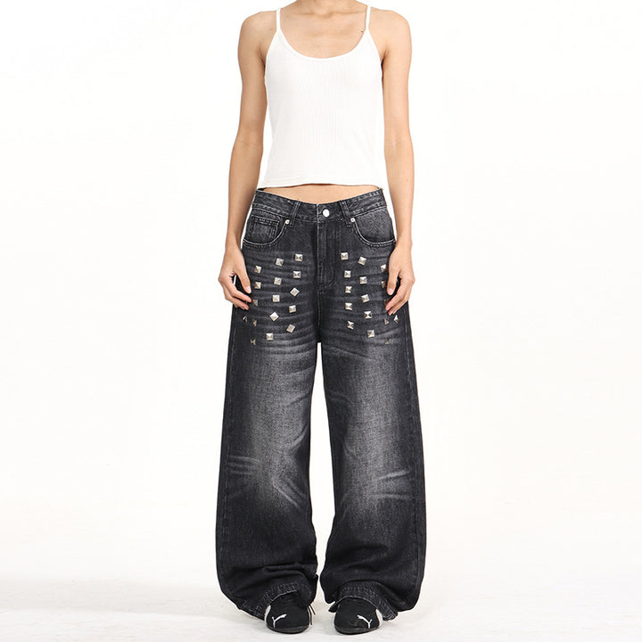 Damen Extraweite Nieten-Baggy-Jeans mit tiefem Bund und Used-Wash Echo Archiv