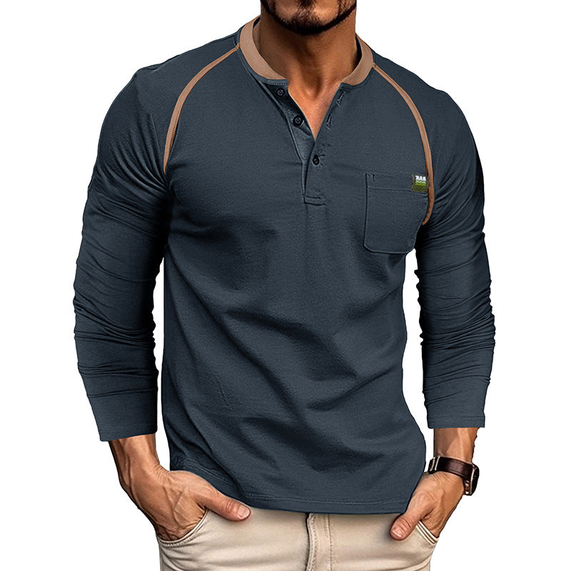 Herren Langarm-Henley-Shirt mit modischen Kontrastnähten und Brusttasche Echoarchiv