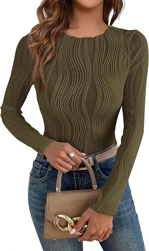 Damen nan figurbetontes Rippstrick-Longsleeve mit Wellendetail und Rundhalsausschnitt Echo Archiv