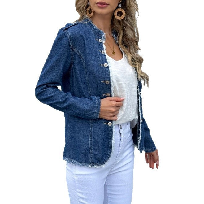 Damen taillierte Denim-Jacke mit Fransenrand und dekorativer Knopfleiste Echo Archiv