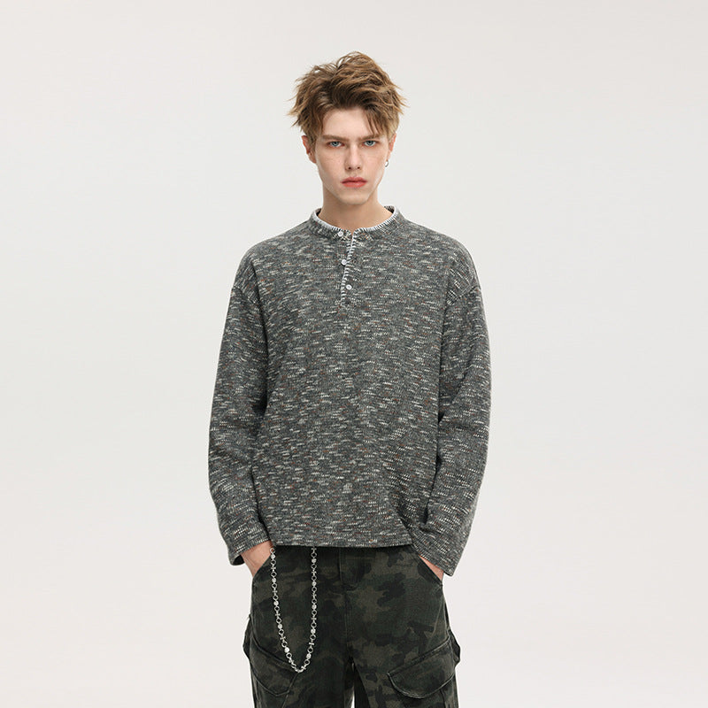 Herren Melierter Strick-Henley-Pullover mit Stehkragen, lockerer Passform und Knopfleiste Echo Archiv