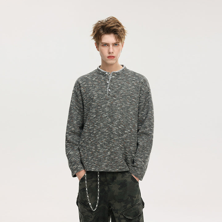 Herren Melierter Strick-Henley-Pullover mit Stehkragen, lockerer Passform und Knopfleiste Echo Archiv