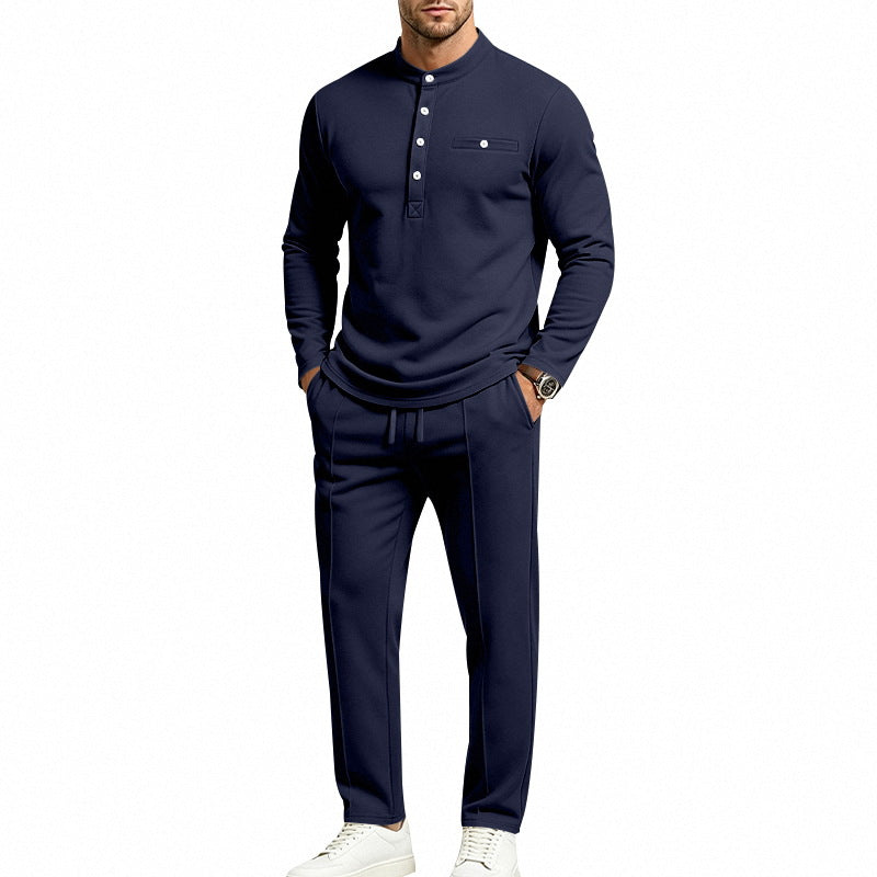 Herren Zweiteiliges Freizeitset mit Henley-Langarmshirt, Stehkragen und Komfort-Jogginghose – Sorevano