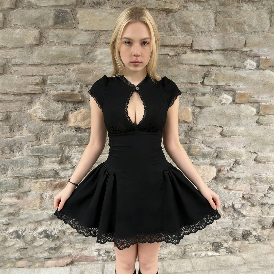 Damen verspieltes Puffärmel-Kleid mit Spitzenbesatz Echo Archiv
