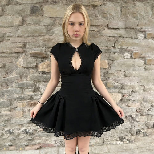 Damen verspieltes Puffärmel-Kleid mit Spitzenbesatz Echo Archiv